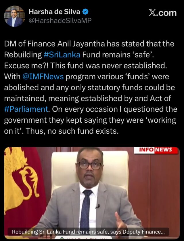“No such fund exists”: Harsha questions legality of ‘Rebuilding Sri Lanka’ fund