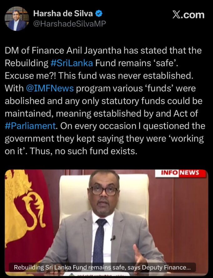 “No such fund exists”: Harsha questions legality of ‘Rebuilding Sri Lanka’ fund